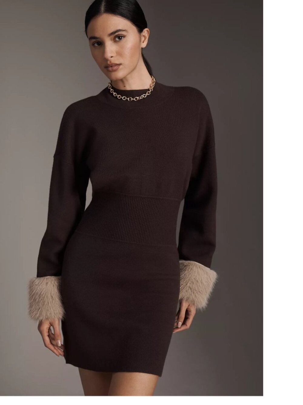 By Anthropologie Long-Sleeve Faux Fur Trim Sweater Mini Dress XS new with tag